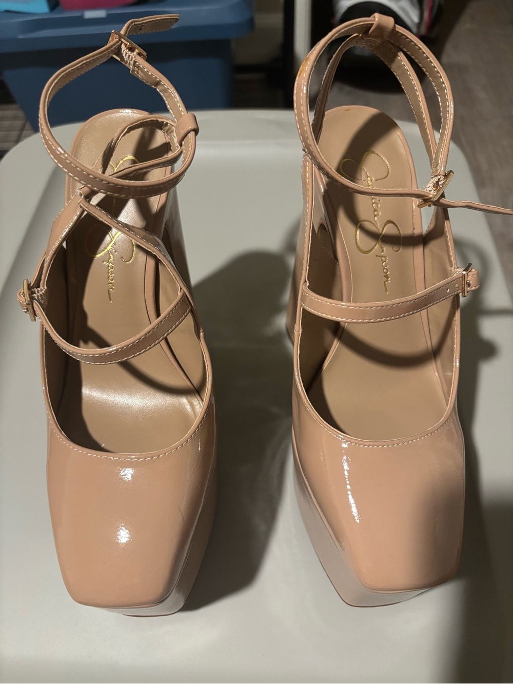 Jessica Simpson chai latte Patent Platform Pumps with Ankle Straps
